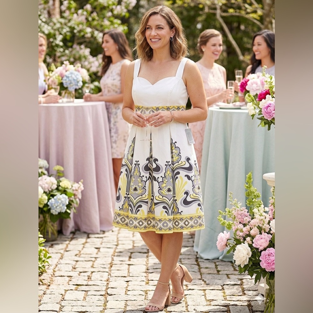 Maggy London NWT Size 14 Yellow Grey Medallion Pleated Dress Wedding Guest Party
